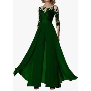 Plus Size 22 Lace Appliqués Maxi Dress Evening Gown Pantsuit Emerald Green Sheer